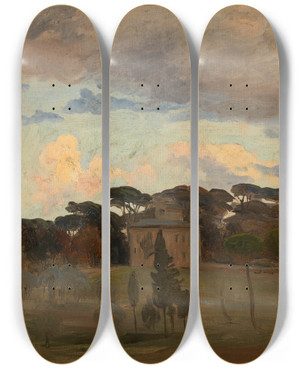 Triptych art skateboard deck of Johann Wilhelm Schirmer Die Casina Di Raffaello Im Park Der Villa Borghese by Johann Wilhelm Schirmer (1807-1863)