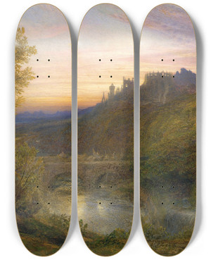 Triptych art skateboard deck of Samuel Palmer The Towered City by Samuel Palmer (1805-1881)
