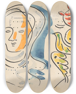Triptych art skateboard deck of Mikul Galanda Mother With Baby And Dove by Mikulas Galanda (1895-1938)