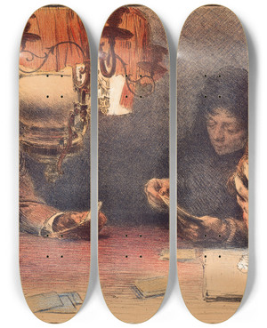Triptych art skateboard deck of Franois Guiguet La Lampe by Francois Guiguet (1860-1937)