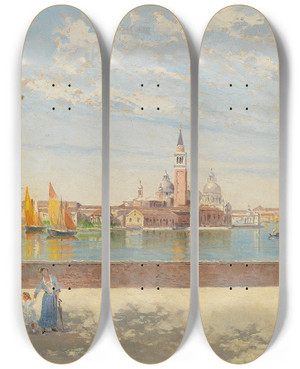 Triptych art skateboard deck of Antonietta Brandeis Venice A View Of San Giorgio From The Giardini by Antonietta Brandeis (1848-1926)