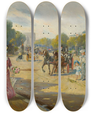 Triptych art skateboard deck of Joaqun Pallars Allustante Port Dauphine Bois De Boulogne by Joaquin Pallares Allustante (1853-1935)