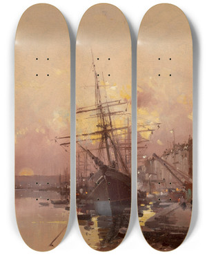 Triptych art skateboard deck of Eugne Galienlaloue Port Breton Au Crpuscule by Eugene Galien Laloue (1854-1941)