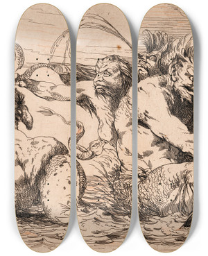 Triptych art skateboard deck of John Hamilton Mortimer Revengeful Monsters Two States by John Hamilton Mortimer (1740-1779)
