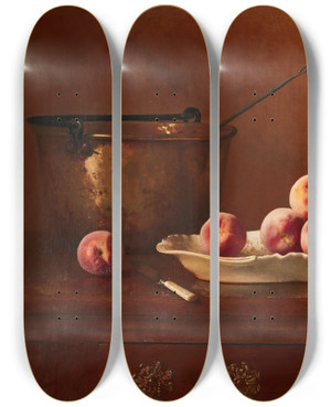 Triptych art skateboard deck of Milne Ramsey Still Life With Peaches Brass Pot Green Jug And Wine Bottle On Commode Top by Milne Ramsey (1847-1915)