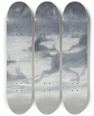 Triptych art skateboard deck of Jag Acke Sleighing On The Ice by J.A.G. Acke (1859-1924)