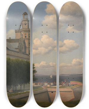 Triptych art skateboard deck of Christoffer Wilhelm Eckersberg A View Towards The Swedish Coast From The Ramparts Of Kronborg Castle by Christoffer Wilhelm Eckersberg (1783-1853)