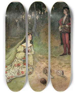 Triptych art skateboard deck of Warwick Goble The Prince And Filadoro With The Snails by Warwick Goble (1862-1943)