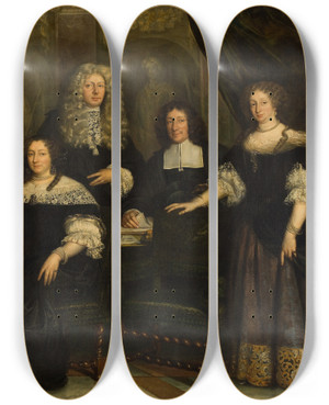 Triptych art skateboard deck of Jan De Baen Vijf Regenten En Twee Regentessen Van Het Spin En Nieuwe Werkhuis by Jan De Baen (1633-1702)