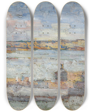 Triptych art skateboard deck of Kosta Milievi View Of Belgrade by Kosta Milicevic (1877-1920)