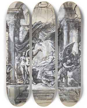 Triptych art skateboard deck of Francesco La Marra Allegorisk Scene by Francesco La Marra (1728-1787)