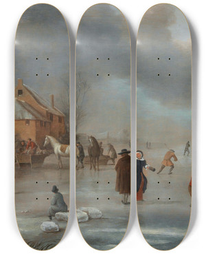 Triptych art skateboard deck of Nicolaes Molenaer A Winter Landscape With Skaters On The Ice_2 by Nicolaes Molenaer (1626-1676)