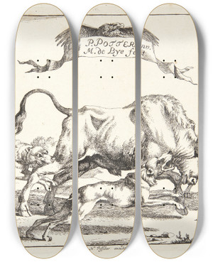 Triptych art skateboard deck of Marcus De Bye Titelblad Til Jagt Efter Tyre Ulve Vildsvin Og Bjrne by Marcus de Bye (1638-1688)