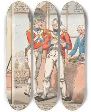 Triptych art skateboard deck of Charles Ansell It Is Not All Gold That Glitters Or Volunteers Settling About Pedigree And Precedence by Charles Ansell