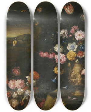 Triptych art skateboard deck of Francesco Caldei Still Life With Vase Of Flowers In A Coastal Landscape Setting_1 by Francesco Caldei (1587-1674) Triptych art skateboard deck of Francesco Caldei Still Life With Vase Of Flowers In A Coastal Landscape Setting_1 by Francesco Caldei (1587-1674)