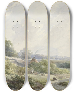 Triptych art skateboard deck of Willem Roelofs Landschap Met Boerderij En Vee by Willem Roelofs (1822-1897)