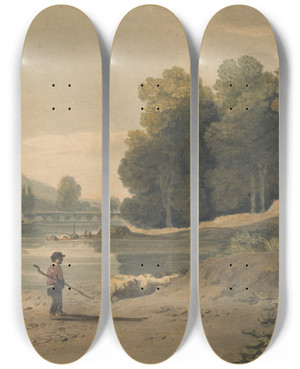 Triptych art skateboard deck of William Havell River Scene With Boy And Sheep by William Havell (1782-1857)