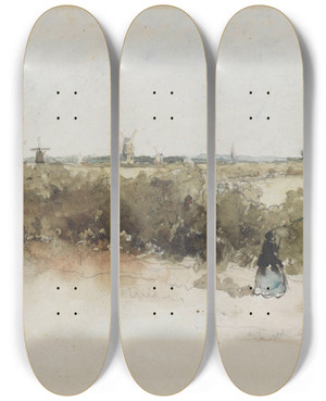 Triptych art skateboard deck of Johan Hendrik Weissenbruch Landschap Met Windmolens by Johan Hendrik Weissenbruch (1824-1903)