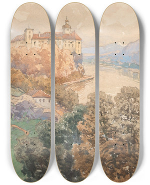 Triptych art skateboard deck of Fritz Lach A View Of Persenbeug Castle by Fritz Lach (1868-1933)