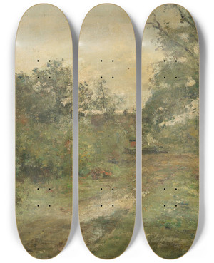 Triptych art skateboard deck of Rudolf Hckner Bauernhof Unter Bumen by Rudolf Hockner (1864-1942)