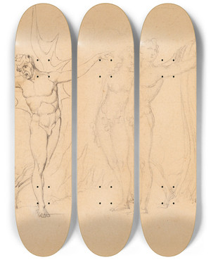 Triptych art skateboard deck of William Blake Adam And Eve Expelled From Eden by William Blake (1757-1827)