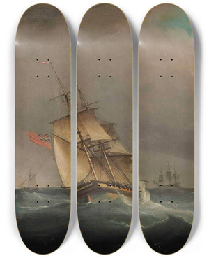 Triptych art skateboard deck of Thomas Whitcombe A Frigate Healing In The Breeze Off The Eddystone Lighthouse by Thomas Whitcombe (1763-1824)