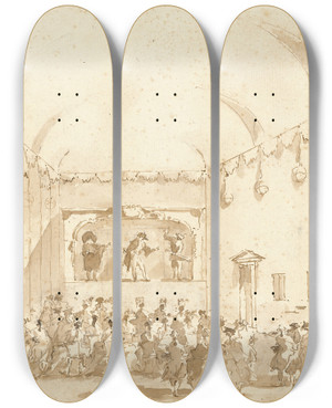 Triptych art skateboard deck of Francesco Guardi A Theatrical Performance by Francesco Guardi (1712-1793)
