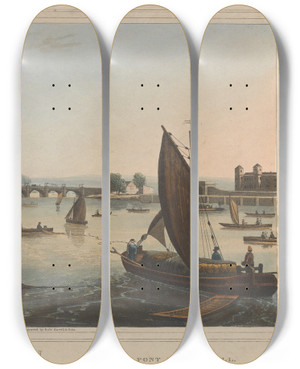 Triptych art skateboard deck of Robert Havell View Of Vauxhall Bridge by Robert Havell