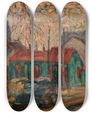 Triptych art skateboard deck of Abraham Manievich Quiet Street by Abraham Manievich (1881-1942)