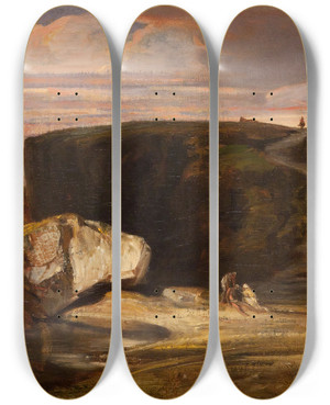Triptych art skateboard deck of Alexandregabriel Decamps Landscape With The Good Samaritan by Alexandre-Gabriel Decamps (1803-1860)