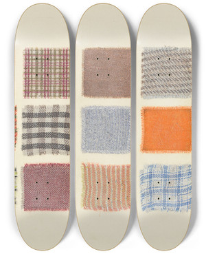 Triptych art skateboard deck of Frank J Mace Factory Cloth Samples by Frank J Mace