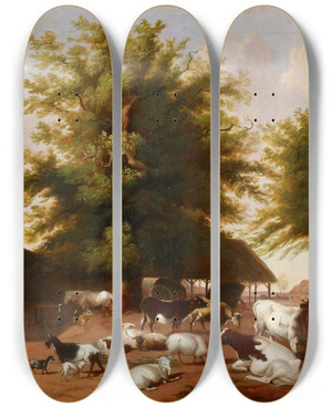Triptych art skateboard deck of Jacob Cox Farmyard Scene by Jacob Cox (1810-1892)