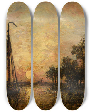 Triptych art skateboard deck of Johan Barthold Jongkind Coucher De Soleil En Hollande by Johan Barthold Jongkind (1819-1891)