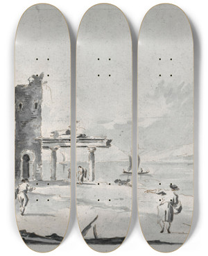 Triptych art skateboard deck of Giacomo Guardi The Venetian Lagoon With Ruins And Figures_2 by Giacomo Guardi (1764-1835)