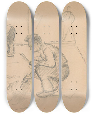 Triptych art skateboard deck of Ivan Ivanec Artyci Malarze Przy Pracy by Ivan Ivanec (1893-1946)