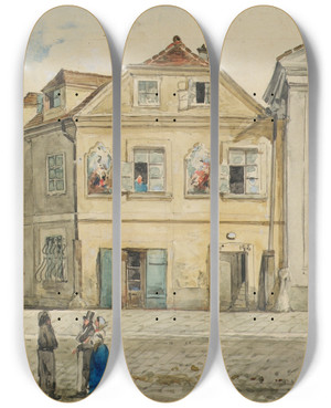 Triptych art skateboard deck of Emil Htter Das Scharfrichterhaus In Wien by Emil Hutter (1835-1886)