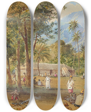 Triptych art skateboard deck of Nicholas Chevalier At Papeete Tahiti by Nicholas Chevalier (1828-1902)