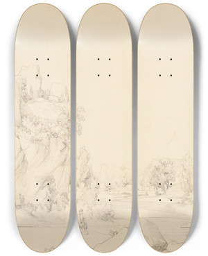 Triptych art skateboard deck of Jacquesraymond Brascassat Rivire Avec Rochers Et Pcheurs by Jacques Raymond Brascassat (1804-1867)