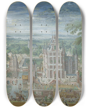 Triptych art skateboard deck of Hans Bol Tournament Outside A Castle by Hans Bol (1534-1593)