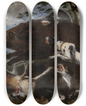 Triptych art skateboard deck of Frans Snyders Boar Hunt by Frans Snyders (1579-1657)