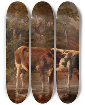 Triptych art skateboard deck of Thomas Bigelow Craig Below The Old Red Barn by Thomas Bigelow Craig (1849-1924)