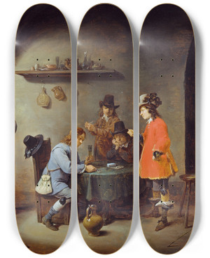 Triptych art skateboard deck of David Teniers The Younger Gambling Scene At An Inn by David Teniers The Younger (1610-1690)