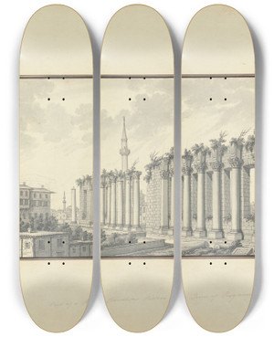 Triptych art skateboard deck of Giovanni Battista Borra View Of Ruins Of The Asclepium At Pergamon by Giovanni Battista Borra (1713-1770)
