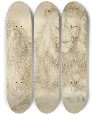 Triptych art skateboard deck of Albrecht Drer Two Seated Lion by Albrecht Durer (1471-1528)