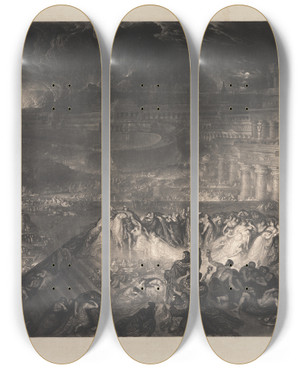 Triptych art skateboard deck of John Martin The Fall Of Ninevah by John Martin (1789-1854)