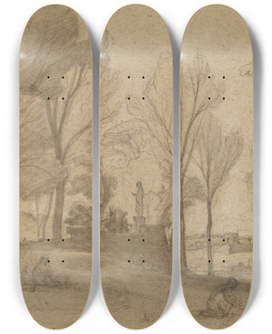 Triptych art skateboard deck of Jeanachille Benouville Paysage Et Une Esquisse Au Verso by Jean-Achille Benouville (1815-1891)