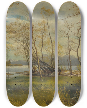 Triptych art skateboard deck of Albert Bierstadt Lake Tahoe_1 by Albert Bierstadt (1830-1902)