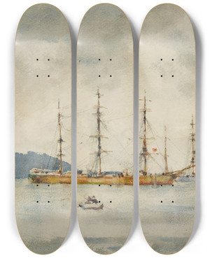 Triptych art skateboard deck of Henry Scott Tuke Windjammers In Falmouth Harbour by Henry Scott Tuke (1858-1929)
