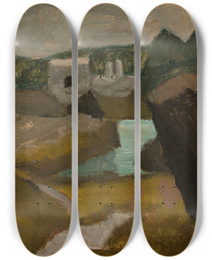Triptych art skateboard deck of Tadeusz Makowski Rocky Landscape With Water by Tadeusz Makowski (1882-1932)