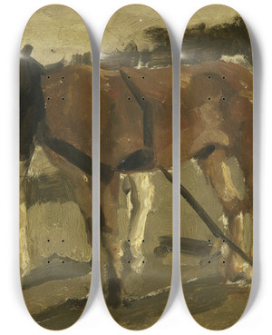 Triptych art skateboard deck of George Hendrik Breitner A Brown And A White Horse In Scheveningen by George Hendrik Breitner (1857-1923)